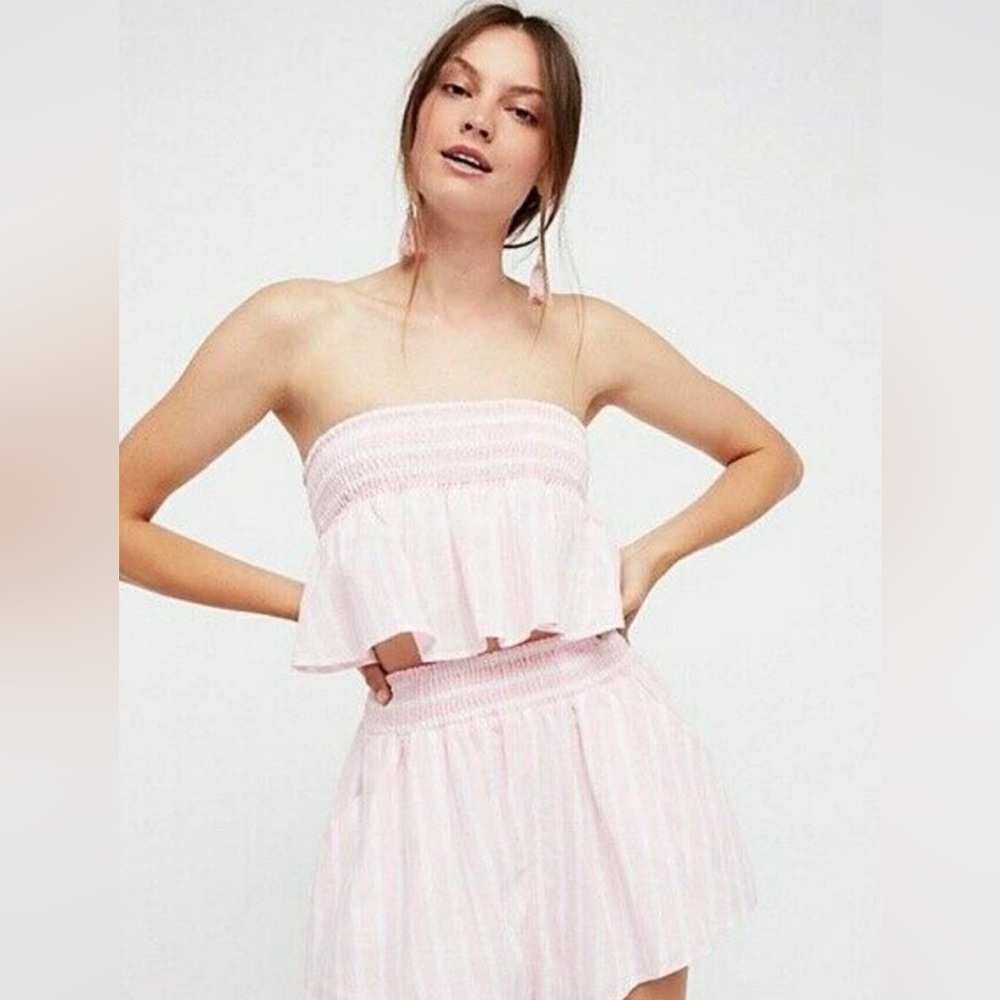 Free People Pink/White Striped Shorts Crop Top Set